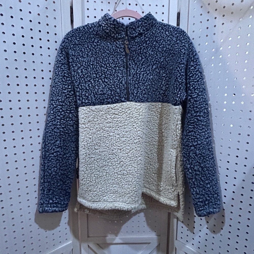 Time and Tru Sherpa Fleece Quarter Zip Pullover Blue Cream Color Block Size S